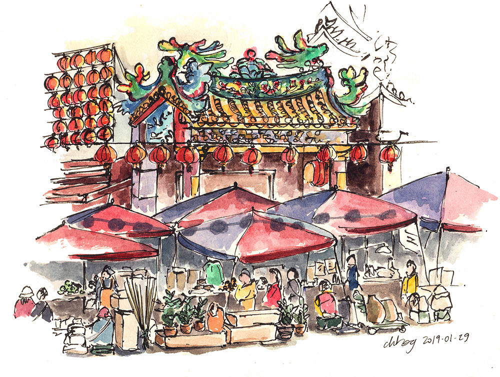 Un marché devant un temple